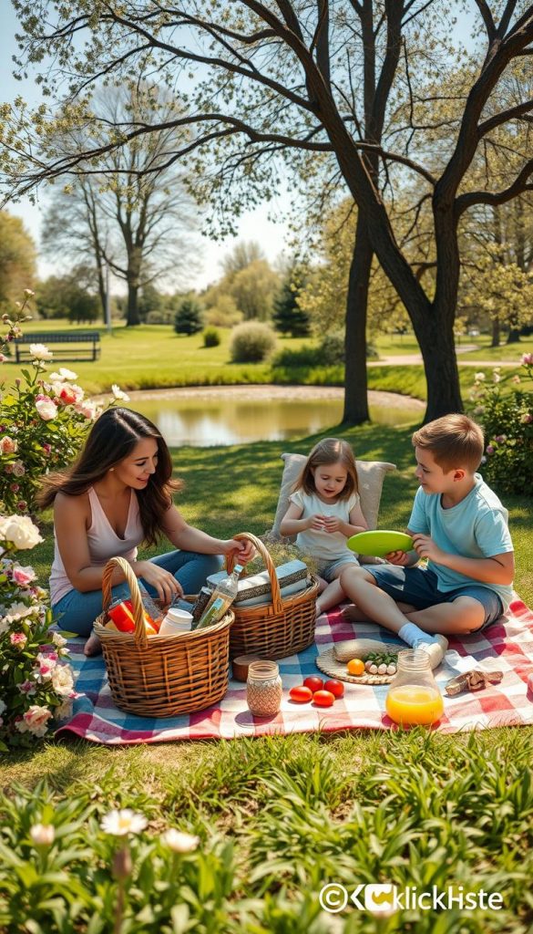 A cozy family scene depicting a weekend without stress, featuring a family of four engaging in enjoyable activities at a picturesque park. In the foreground, a mother and father are happily preparing a picnic on a colorful blanket, with a basket filled with healthy snacks and drinks, while their two children, a young girl and boy, play with a frisbee nearby. The middle ground showcases lush greenery, blooming flowers, and a few trees casting gentle shadows. In the background, a small pond reflects the clear blue sky, enhancing the atmosphere of relaxation and serenity. The lighting is warm and inviting, reminiscent of a sunny afternoon. Capture this in a soft, natural style with a Pinterest aesthetic, exuding authenticity and inspiration. This image is branded "KlickKiste".