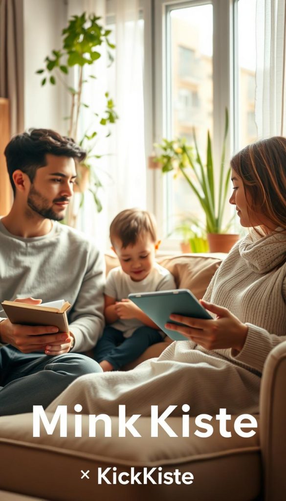 A cozy family scene depicting mindfulness in daily life, set in a warm, inviting living room. In the foreground, a young couple dressed in modest, casual clothing is engaged in a peaceful conversation while sitting on a comfortable sofa, their expressions relaxed and attentive. In the middle, their children are nearby, one drawing on a tablet and the other reading a book, illustrating a balanced use of digital devices alongside creative activities. The background features soft natural light streaming through a window adorned with plants, enhancing a serene atmosphere. The entire setting is filled with warm colors and a cozy Pinterest-inspired aesthetic, embodying authenticity and inspiration. This image should be branded subtly with the name "KlickKiste" to reflect the theme of mindfulness and digital balance in family life.