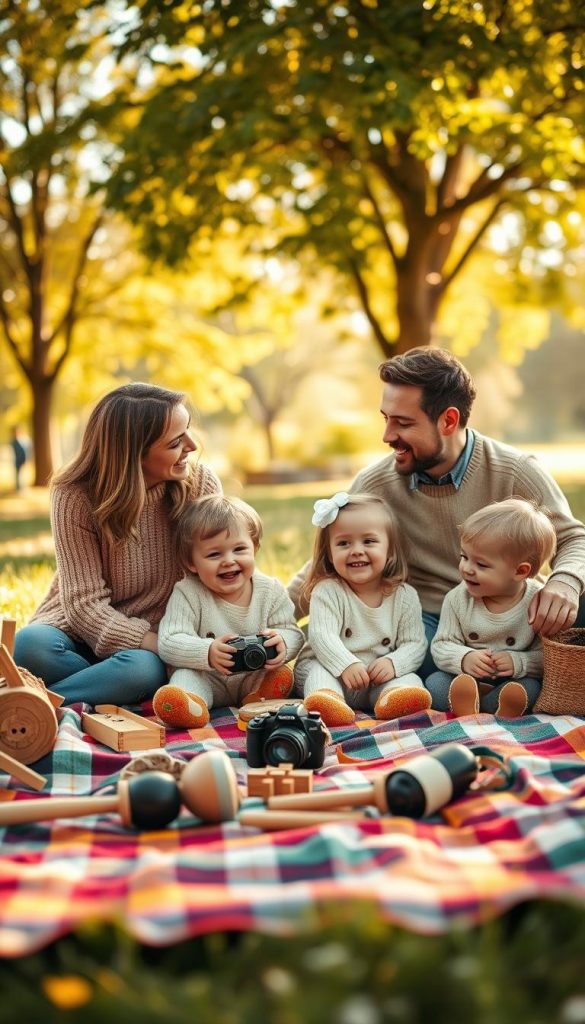 A cozy family scene depicting "outfit styling kleidung" for relaxed family photos, featuring a mother and father in stylish yet comfortable attire, wearing warm-toned sweaters and denim, gently interacting with their cheerful children in matching outfits. In the foreground, a colorful picnic blanket scattered with playful props like wooden toys and a camera, creating a laid-back vibe. The middle ground shows the family laughing together, their faces glowing with joy. The background captures a sunlit park with soft-focus trees and flowers, enhancing the warm atmosphere. The lighting is golden, reminiscent of the golden hour, with a shallow depth of field to focus on the family while softly blurring the surroundings. Inspired by natural DIY imagery, emphasizing authenticity and inspiration, with a Pinterest aesthetic. Brand: KlickKiste.