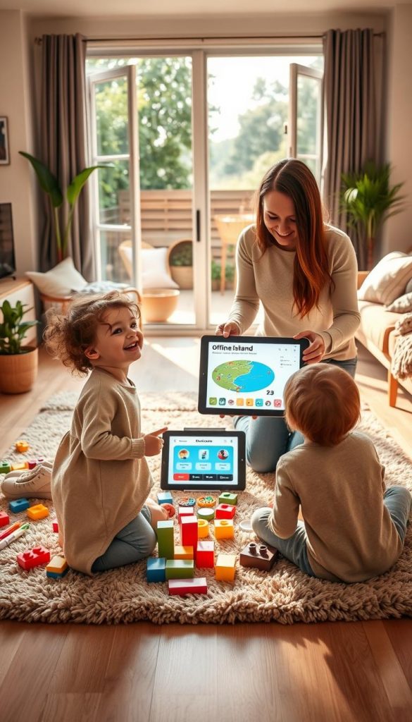 A cozy family scene illustrating the concept of "Digital Balance," featuring a warm, inviting living room bathed in soft, natural light. In the foreground, two children, dressed in comfortable casual clothing, engage in creative play with colorful building blocks and art supplies on a plush rug. In the middle, a parent joyfully joins them, showing a tablet displaying a digital game, indicating limited media use. In the background, a large window opens to a peaceful outdoor area with lush greenery—a perfect "offline island" for kids. The atmosphere feels warm and inspiring, with a Pinterest-inspired aesthetic, including cozy furniture and decorative plants. This image embodies the balance between media and offline play, encapsulating the essence of "KlickKiste."
