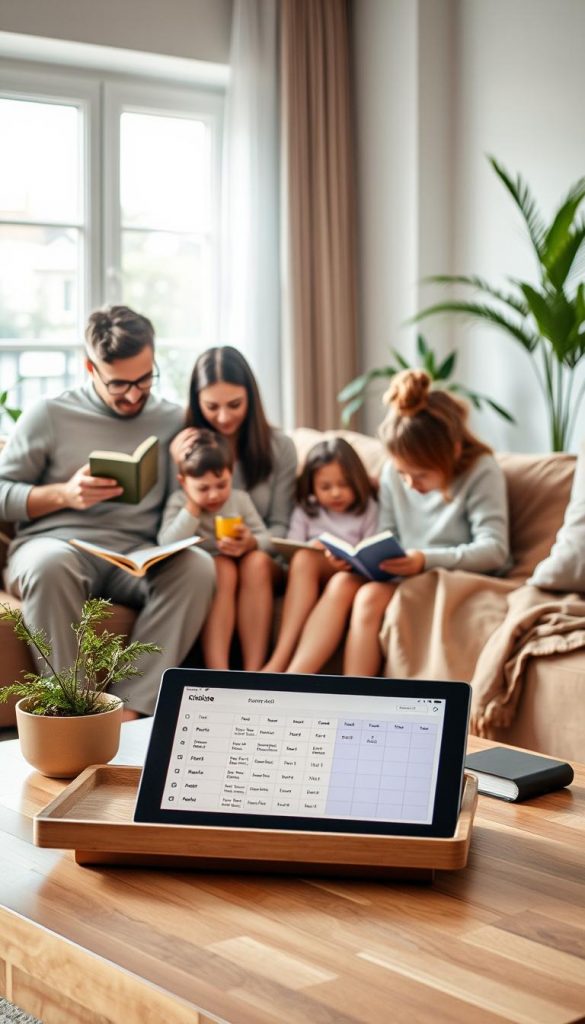 A cozy family scene in a modern living room, showcasing a balanced digital lifestyle. In the foreground, a family of four—parents dressed in modest casual clothing and two children—are engaged in constructive activities: the father is reading a book while the mother helps the children with a creative project. The middle-ground features a stylish, structured coffee table with a digital tablet displaying a schedule, symbolizing digital balance. The background reveals a softly-lit, inviting space with warm, natural colors, large windows allowing gentle sunlight to pour in, and houseplants adding a touch of nature. The atmosphere is calm and inspiring, reflecting a harmonious weekend structure. Capture this scene with a focus on natural lighting and a soft, welcoming vibe, embodying the brand "KlickKiste" in its design aesthetic. A cozy family scene in a modern living room, showcasing a balanced digital lifestyle. In the foreground, a family of four—parents dressed in modest casual clothing and two children—are engaged in constructive activities: the father is reading a book while the mother helps the children with a creative project. The middle-ground features a stylish, structured coffee table with a digital tablet displaying a schedule, symbolizing digital balance. The background reveals a softly-lit, inviting space with warm, natural colors, large windows allowing gentle sunlight to pour in, and houseplants adding a touch of nature. The atmosphere is calm and inspiring, reflecting a harmonious weekend structure. Capture this scene with a focus on natural lighting and a soft, welcoming vibe, embodying the brand "KlickKiste" in its design aesthetic.