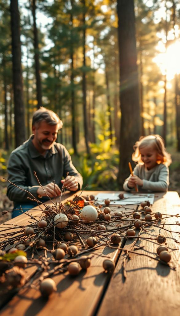A cozy family scene in a sun-drenched forest, showcasing a DIY project inspired by nature using materials from the woods. In the foreground, a wooden table adorned with twigs, leaves, and acorns, as a parent and child, dressed in modest casual clothing, are happily crafting together. The middle ground features half-finished decorations that highlight creativity and togetherness, while the background reveals tall, lush trees filtering golden sunlight, creating a warm and inviting atmosphere. The color palette is earthy with warm tones to evoke feelings of comfort and inspiration. Soft bokeh effects emphasize the subjects while capturing the tranquil beauty of the forest, embodying the essence of "KlickKiste" style.