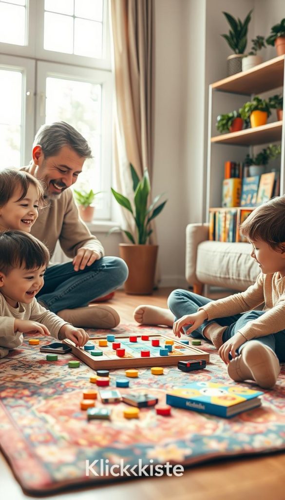 A cozy family scene in a warm, sunlit living room, capturing a parent and two children engaged in a digital detox activity together. The parent, dressed in comfortable yet modest casual attire, is showing the children how to play a board game, with colorful game pieces scattered on a vibrant rug. In the foreground, cheerful expressions on their faces reflect joy and connection. In the middle, vibrant children's books and nature-themed educational toys are neatly arranged on a nearby shelf, emphasizing age-appropriate recommendations. The background features a large window letting in natural light, adorned with potted plants, creating a warm and inviting atmosphere. The image conveys a sense of togetherness and quality time. Authentic and inspiring, incorporating the brand name "KlickKiste" subtly displayed in the decor without text overlays.