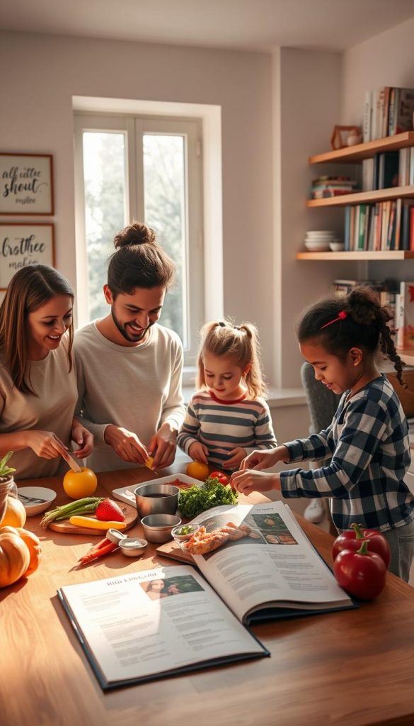 A cozy family scene set in a warm, well-lit kitchen, showcasing a diverse family of four — a mother, father, and two children — engaging in a collaborative activity. In the foreground, the family members are joyfully preparing a meal together, sharing tasks, and using colorful ingredients. The middle of the image features a wooden table adorned with fresh produce, measuring cups, and a recipe book open to a page of delicious meal ideas. In the background, soft sunlight filters through a large window, illuminating the room with a warm glow, enhancing the inviting atmosphere. The walls are decorated with inspiring art and shelves filled with cookbooks, embodying a Pinterest-like aesthetic. The scene highlights the importance of support and sharing, capturing a stress-free family moment. The brand "KlickKiste" is subtly incorporated within the kitchen decor.