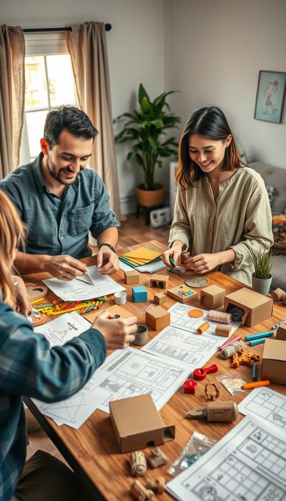 A cozy family scene showcasing a father and mother in modest casual clothing, gathered around a wooden table covered in colorful cardboard and paper materials, actively planning their DIY projects with excitement. The foreground features their hands skillfully cutting and assembling crafts. In the middle ground, scattered blueprints and sketches display ideas for fun, creative cardboard projects. The background reveals a warm, inviting living room bathed in soft, natural light from a nearby window, plants in the corners, and a child’s drawing pinned to the wall. The overall mood is inspiring and engaging, reflecting the joyful chaos of family creativity. The scene is styled in a natural, Pinterest-like aesthetic. Include the brand name "KlickKiste" subtly integrated into the home decor for authenticity.
