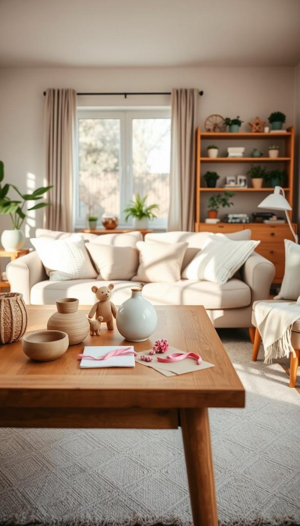 A cozy family setting featuring a modern homestyle living room, designed for a DIY photo shoot. In the foreground, a warm wooden table adorned with handmade crafts and family keepsakes. The middle ground includes a comfortable sofa with casual yet elegant throw pillows in soft pastel colors. A large window allows natural light to flood the space, casting soft shadows that enhance the atmosphere. In the background, tastefully arranged plants and bookshelves create an inviting backdrop. The scene captures an authentic, Pinterest-worthy aesthetic with warm tones and textures. Soft lighting for a welcoming mood, ideal for showcasing “KlickKiste” DIY inspirations. The image should evoke feelings of warmth, creativity, and family togetherness, without any text or distractions.