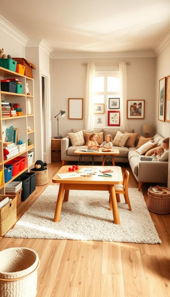 A cozy family storage space designed for a stylish, child-friendly home. In the foreground, colorful, neatly organized baskets and shelving filled with toys and books evoke a sense of order. The middle section features a beautiful wooden play table surrounded by children’s artwork, with a soft, plush rug underneath. In the background, a warm-lit living area includes a tidy couch adorned with family-friendly cushions and framed photographs of happy moments. Soft, natural lighting streams through a large window, creating a serene atmosphere. The color palette consists of warm, earthy tones, enhancing the inviting, Instagram-worthy aesthetic. This scene reflects a balanced routine for families, with a focus on practical yet stylish organization, inspired by the brand "KlickKiste."