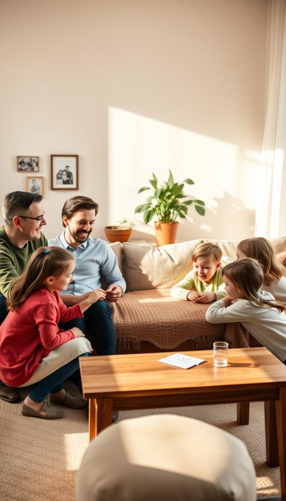 A cozy family weekend ritual scene in a sunlit living room. In the foreground, a family of four&mdash;parents and two children&mdash;are gathered around a wooden coffee table, engaged in a board game, all smiles and laughter. The parents wear casual but tidy clothing, while the children are in colorful, playful outfits. In the middle ground, a plush, inviting couch adorned with soft throw pillows and a warm knitted blanket sets a relaxed atmosphere. The background features a well-decorated room with family photos on the walls and a houseplant in one corner, enhancing the sense of homeliness. The lighting is soft and warm, reminiscent of a golden afternoon glow, creating an inviting and harmonious mood. The overall aesthetic reflects a natural, Pinterest-worthy vibe, embodying the essence of "KlickKiste" &ndash; authentic and inspiring.