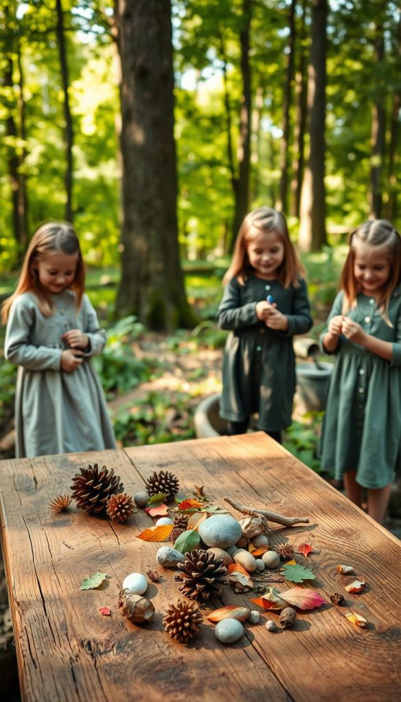 A cozy forest kitchen scene featuring a natural play area designed for families. In the foreground, a wooden table made of reclaimed timber is adorned with colorful, natural materials like pinecones, leaves, and stones, inviting exploration. In the middle ground, children dressed in modest clothing are engaged in playful activities, crafting small items from gathered nature materials, smiling and interacting joyfully. The background reveals a lush, green forest with dappled sunlight filtering through the trees, creating a warm, inviting atmosphere. The scene is bathed in soft, golden light, enhancing the earthy colors. Capture this harmonious outdoor play, inspired by the aesthetics of Pinterest, showcasing authenticity and inspiration, branded as "KlickKiste."