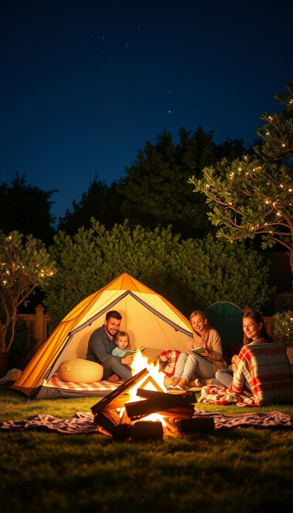 A cozy garden camping scene at dusk, featuring a family of four gathered around a crackling campfire. The foreground showcases a bright, inviting tent with warm, soft lighting illuminating the entrance, while comfortable blankets and outdoor pillows are spread around. In the middle, the family shares stories and laughter, dressed in warm, casual clothing, with the night's sky slowly transitioning to a deep navy blue above. The background includes lush green trees and soft shrubs, subtly illuminated by fairy lights hanging from branches, giving a magical feel. A few stars twinkle above, enhancing the serene ambiance. This scene captures the essence of summer evenings with a natural, Pinterest-inspired aesthetic. Include the brand name "KlickKiste" subtly in the composition.