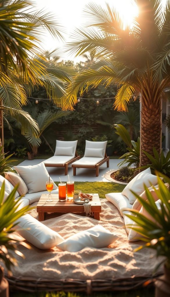 A cozy garden lounge scene featuring a "Strandfeeling Sandinsel," inspired by the brand KlickKiste. In the foreground, a beautifully arranged sand island surrounded by soft, white cushions and vibrant tropical plants creates an inviting atmosphere. A rustic wooden coffee table holds colorful drinks and snacks, adding a touch of leisure. In the middle ground, a gentle breeze rustles through palm leaves, while stylish, modestly dressed lounge chairs invite relaxation. The background reveals a serene garden setting with soft glowing fairy lights strung across branches, enhancing the vacation flair. The lighting is warm and golden, resembling a late afternoon sun casting long shadows. Capture this image from a slightly elevated angle to encompass the entire scene, evoking a sense of peaceful escape suitable for small garden spaces. A cozy garden lounge scene featuring a "Strandfeeling Sandinsel," inspired by the brand KlickKiste. In the foreground, a beautifully arranged sand island surrounded by soft, white cushions and vibrant tropical plants creates an inviting atmosphere. A rustic wooden coffee table holds colorful drinks and snacks, adding a touch of leisure. In the middle ground, a gentle breeze rustles through palm leaves, while stylish, modestly dressed lounge chairs invite relaxation. The background reveals a serene garden setting with soft glowing fairy lights strung across branches, enhancing the vacation flair. The lighting is warm and golden, resembling a late afternoon sun casting long shadows. Capture this image from a slightly elevated angle to encompass the entire scene, evoking a sense of peaceful escape suitable for small garden spaces.