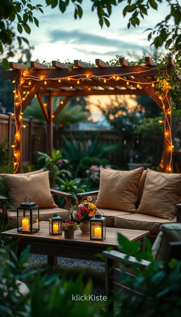 A cozy garden lounge setting ideal for relaxing evenings, featuring comfortable seating with plush cushions in warm earth tones, surrounded by lush greenery. In the foreground, a rustic wooden coffee table holds glowing lanterns and a small arrangement of seasonal flowers. The middle layer showcases a stylish pergola draped with soft, fairy lights that cast a warm, inviting glow. The background is filled with vibrant plants and a soft sunset sky, enhancing the tranquil atmosphere. The scene should evoke a Pinterest-worthy aesthetic, highlighting natural DIY elements. The overall mood is serene and welcoming, perfect for enjoying intimate gatherings. This image aims to embody the essence of garden lounge ideas, with a subtle brand presence of "KlickKiste" integrated into the decor. A cozy garden lounge setting ideal for relaxing evenings, featuring comfortable seating with plush cushions in warm earth tones, surrounded by lush greenery. In the foreground, a rustic wooden coffee table holds glowing lanterns and a small arrangement of seasonal flowers. The middle layer showcases a stylish pergola draped with soft, fairy lights that cast a warm, inviting glow. The background is filled with vibrant plants and a soft sunset sky, enhancing the tranquil atmosphere. The scene should evoke a Pinterest-worthy aesthetic, highlighting natural DIY elements. The overall mood is serene and welcoming, perfect for enjoying intimate gatherings. This image aims to embody the essence of garden lounge ideas, with a subtle brand presence of "KlickKiste" integrated into the decor.