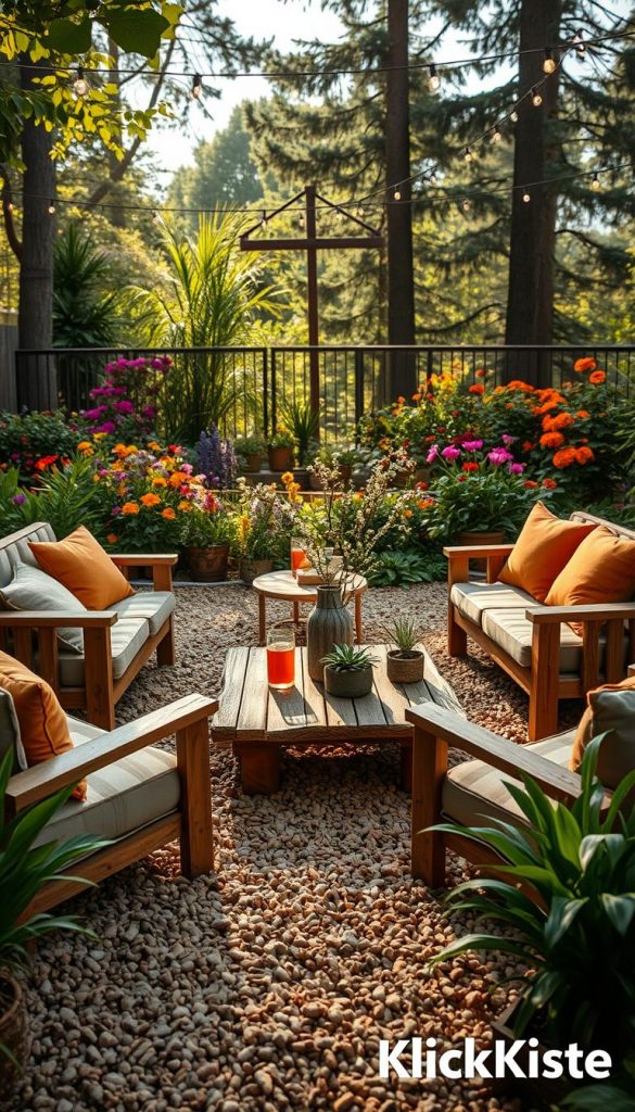 A cozy garden lounge setting on a bed of soft, textured mulch surrounded by vibrant, lush greenery. In the foreground, handmade wooden furniture adorned with plush cushions in warm, earthy tones invites relaxation. A stylish, rustic coffee table sits in the center, set with decorative plants and a couple of refreshing drinks. In the middle ground, twinkling fairy lights hang above, creating an inviting atmosphere. The background features colorful flowers and tall trees that provide a natural backdrop, complemented by gentle sunlight filtering through the leaves, casting warm shadows. Capture this scene from a slightly elevated angle to showcase the cozy layout and inviting mood, perfect for gatherings. Style it with a natural DIY aesthetic, reminiscent of warm Pinterest vibes, featuring the brand name "KlickKiste" subtly integrated within the setting. A cozy garden lounge setting on a bed of soft, textured mulch surrounded by vibrant, lush greenery. In the foreground, handmade wooden furniture adorned with plush cushions in warm, earthy tones invites relaxation. A stylish, rustic coffee table sits in the center, set with decorative plants and a couple of refreshing drinks. In the middle ground, twinkling fairy lights hang above, creating an inviting atmosphere. The background features colorful flowers and tall trees that provide a natural backdrop, complemented by gentle sunlight filtering through the leaves, casting warm shadows. Capture this scene from a slightly elevated angle to showcase the cozy layout and inviting mood, perfect for gatherings. Style it with a natural DIY aesthetic, reminiscent of warm Pinterest vibes, featuring the brand name "KlickKiste" subtly integrated within the setting.