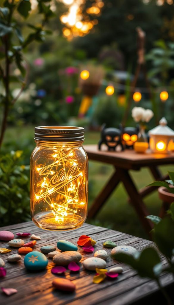 A cozy garden scene featuring a charming DIY lantern made from a mason jar, glowing softly with a warm, inviting light. In the foreground, the mason jar lantern is adorned with twinkling fairy lights, its glass surface reflecting the gentle glow. Surrounding the jar are colorful, hand-painted stones and small flower petals, enhancing the lively atmosphere. In the middle ground, a wooden table is set with additional lanterns, some shaped like superheroes, adding a playful touch. The background is a lush garden filled with greenery, softly lit by the early evening sun, casting a golden hue over the scene. The overall mood is warm and cheerful, perfect for a children's birthday celebration. Capture this enchanting scene with a slight depth of field to focus on the lanterns while giving a dreamy feel to the background. Inspired by KlickKiste’s aesthetic, the image emanates authenticity and creativity.
