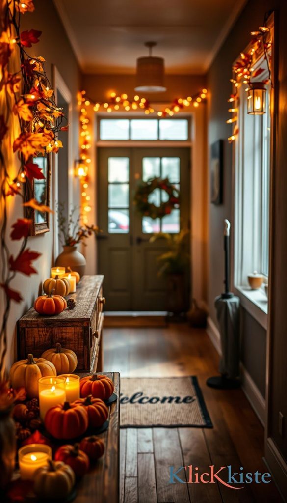 A cozy hallway adorned with a warm glow from a "Flur Herbst Lichterkette," featuring soft, twinkling fairy lights interwoven with autumn leaves in vibrant shades of orange, red, and gold. In the foreground, a rustic wooden console table displays small pumpkins, acorns, and carefully arranged candles that cast a gentle light. The middle ground shows a welcoming entrance with a stylish doormat saying "Welcome," alongside a chic umbrella stand. In the background, a softly lit window frames the scene, enhancing the inviting atmosphere of Indian Summer. The lighting is warm and ambient, creating a sense of comfort and tranquility, with a shallow depth of field that draws focus to the decorative details. Inspired by natural DIY aesthetics with a Pinterest-worthy look, showcasing the brand "KlickKiste."