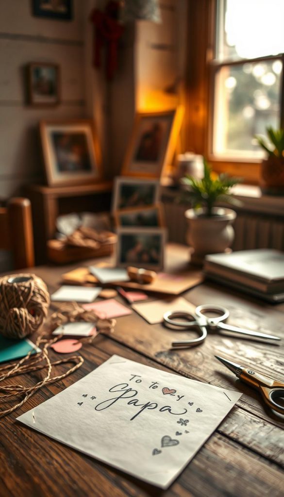 A cozy, heartwarming scene depicting a last-minute handwritten letter addressed to "Papa" on a rustic wooden table, surrounded by DIY craft materials such as twine, colored papers, and a pair of scissors. In the foreground, focus on the letter with elegant handwriting and small drawings, embodying a personal touch. The middle layer includes warm, natural lighting that filters through a nearby window, casting gentle shadows and creating an inviting atmosphere. In the background, soft bokeh effects highlight a few family photos and a small potted plant, enhancing the warmth of the setting. The overall mood is authentic and inspiring, resembling a Pinterest-worthy aesthetic, indicative of thoughtful preparation and love. Branding visible in small detail: "KlickKiste".