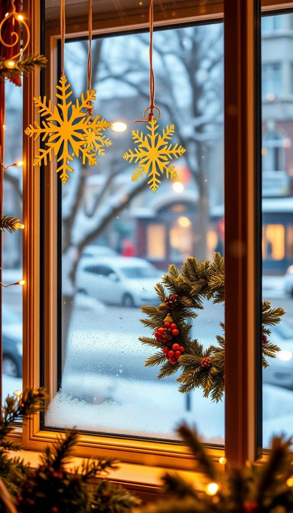 A cozy holiday window scene featuring beautifully arranged window clings and festive decorations for Christmas, showcasing a warm and inviting atmosphere. In the foreground, an elegant window adorned with snowflake-shaped Window Stickers by KlickKiste, sparkling in soft, golden fairy lights. The middle ground presents a gently frosted windowpane with a traditional wreath made of pine and berries, with shadows casting a playful pattern. In the background, a softly blurred view of a snowy street scene outside, where falling snowflakes add to the enchanting mood. The lighting is warm and golden, highlighting the decorations and evoking a sense of comfort and holiday spirit.