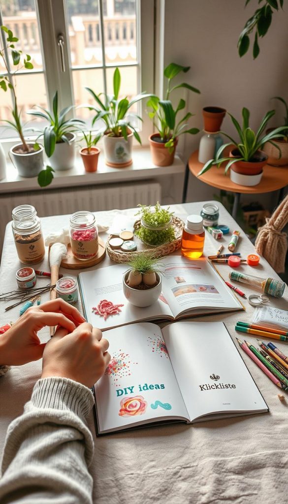 A cozy home crafting scene featuring a well-lit table adorned with various upcycled materials like glass jars, fabric scraps, and natural twigs. In the foreground, hands gently arrange colorful, eco-friendly art supplies, such as biodegradable glitter and plant-based paints, while a small potted plant adds a touch of greenery. In the middle, an open craft book with vibrant DIY ideas lies next to a warm cup of herbal tea, creating a welcoming atmosphere. The background showcases a sunny window filled with indoor plants, casting soft, natural light across the space, enhancing the warm color palette. The mood feels inviting and inspirational, embodying the spirit of sustainable crafting. Include subtle branding of "KlickKiste" on the table.