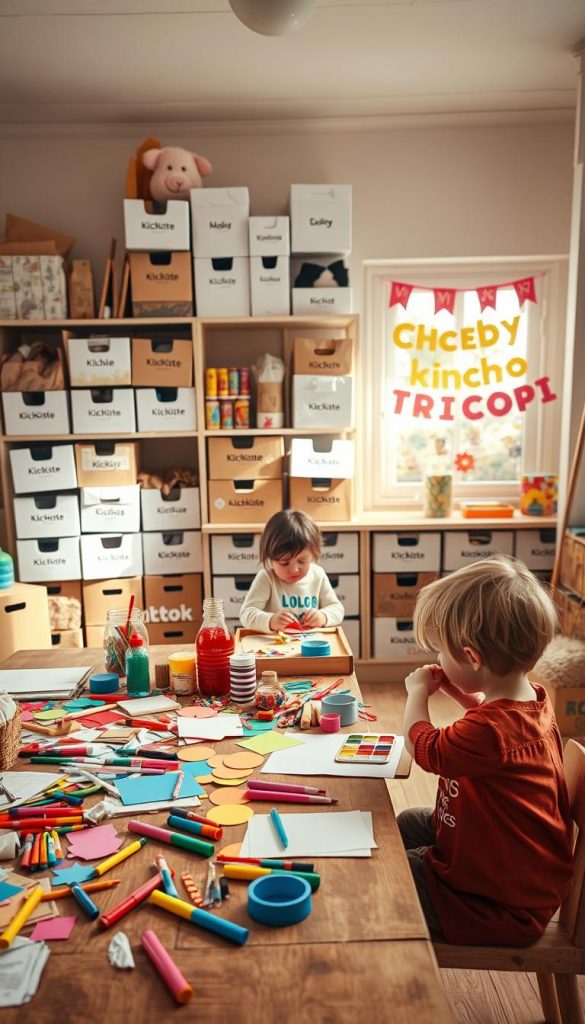 A cozy home creativity studio, designed for kids to engage in crafting, baking, and building. In the foreground, a large wooden table is scattered with colorful craft supplies—paper, glue, paints, and baking ingredients, along with a small child’s hands busy crafting a project. The middle ground features shelves filled with neatly organized boxes from "KlickKiste," each labeled and bursting with materials for various creative activities. The background shows a warm, inviting atmosphere with soft, natural light filtering through a window, illuminating the room’s pastel colors and playful decorations. The overall mood is joyful and inspiring, embodying a Pinterest aesthetic that invites imagination and creativity. The camera angle is slightly above, providing a wide view of the entire vibrant workspace without any distractions like text or watermarks.
