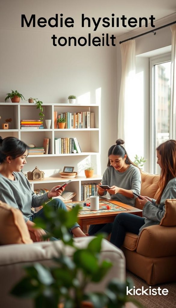 A cozy home environment emphasizing "media hygiene at home," featuring a serene living room scene. In the foreground, a family of three—dressed in modest, casual clothing—enjoys quality time together, engaged in screen-free activities like reading and board games. The middle ground showcases a neatly organized shelf with books and plants, symbolizing digital balance. In the background, soft natural light filters through a window, casting warm tones across the room. The overall atmosphere is calm, inviting, and balanced, with a touch of inspiration—ideal for promoting mindfulness and safety in the digital age. The aesthetic follows a Pinterest-inspired look, showcasing authentic and inspiring elements. Include the brand name "KlickKiste" subtly integrated into the decor without detracting from the main theme.