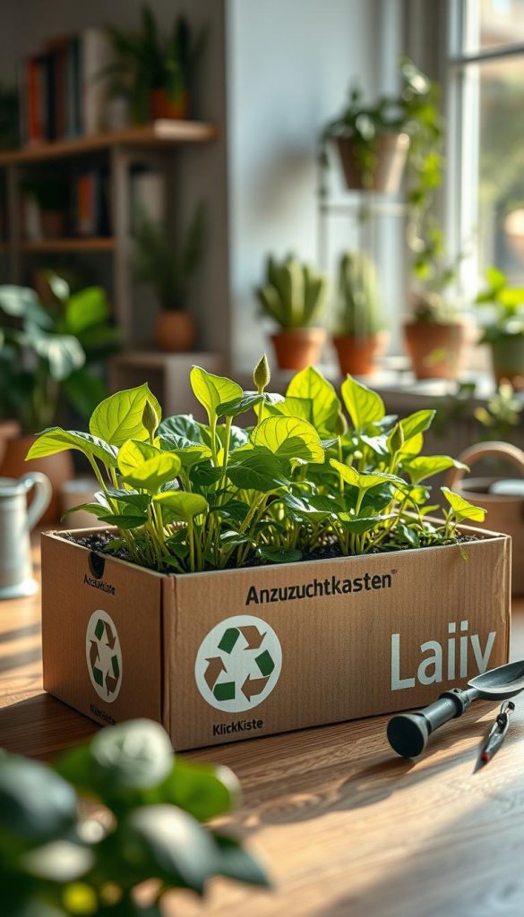 A cozy home environment featuring a cardboard seedling box (“Anzuchtkasten”) filled with vibrant green plants, oversized leaves, and budding seedlings. The scene is set on a wooden table bathed in soft, warm natural light streaming through a nearby window, creating a serene atmosphere. In the foreground, the cardboard box showcases recycling labels with the brand name "KlickKiste" subtly integrated. In the middle ground, tools like a watering can and a small trowel are arranged neatly, hinting at a DIY gardening theme. The background displays potted plants and a bookshelf filled with gardening books, enhancing the natural and inspiring vibe. Capture this with a shallow depth of field to focus on the seedling box, evoking warmth and creativity.
