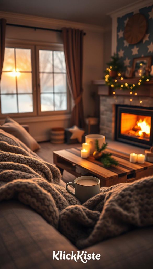 A cozy home interior during winter, featuring a warm and inviting living room. In the foreground, a plush sofa draped with a thick knitted blanket and scattered decorative pillows. A steaming cup of cocoa sits on a rustic wooden coffee table adorned with a small evergreen arrangement. In the middle, a gently crackling fireplace emits a soft, warm glow, illuminating the room with golden light. There is a window in the background showcasing a snowy landscape outside, soft flakes falling against the glow of a setting sun. The atmosphere is tranquil and inviting, filled with natural elements and earthy tones, evoking feelings of comfort. Include decorative elements like fairy lights and candles for a Pinterest-inspired look. Add subtle branding for "KlickKiste" in a tasteful manner.