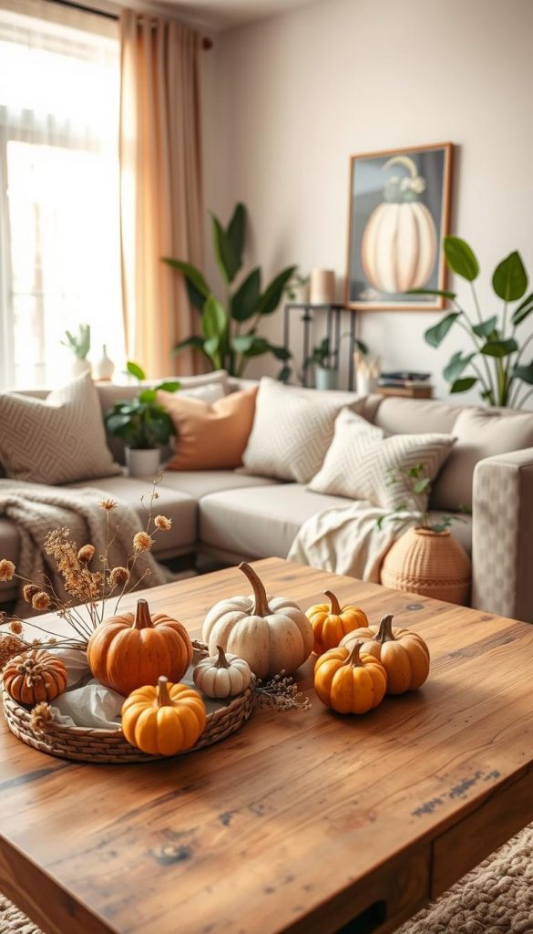 A cozy home interior featuring a harmonious blend of modern, natural, Boho, and Scandinavian styles. In the foreground, a wooden coffee table is adorned with hand-crafted autumnal DIY decor, such as small pumpkins and dried flowers. The middle ground showcases a plush sofa with patterned cushions and warm throws, surrounded by houseplants in stylish pots. The background includes a softly lit window with sheer curtains, allowing golden autumn light to filter in, enhancing the warm color palette. The overall atmosphere is inviting and inspiring, evoking a Pinterest-worthy aesthetic. This scene represents the essence of "KlickKiste" with its creative DIY spirit, perfect for an autumn-inspired theme.