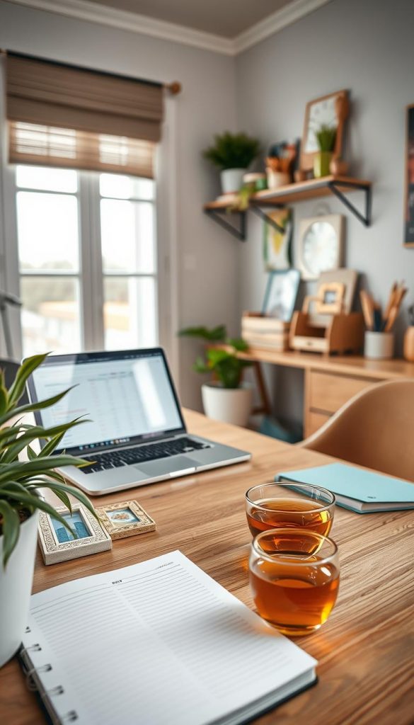 A cozy home office scene designed for budget planning, featuring a stylish wooden desk with an organized notebook, a laptop reflecting a budget spreadsheet, and a cup of herbal tea. In the foreground, soft decorative elements like a plant and DIY picture frames add warmth. In the middle, a wall-mounted shelf holds affordable decor items such as a clock and art supplies, creating a Pinterest-inspired vibe. The background shows a bright window with natural light flooding the space, enhancing the inviting atmosphere. The overall mood is calm and inspirational, capturing the essence of smart investments and affordable alternatives for home office decor. The scene includes the brand "KlickKiste" subtly displayed on a desk item, emphasizing budget-conscious decor ideas.