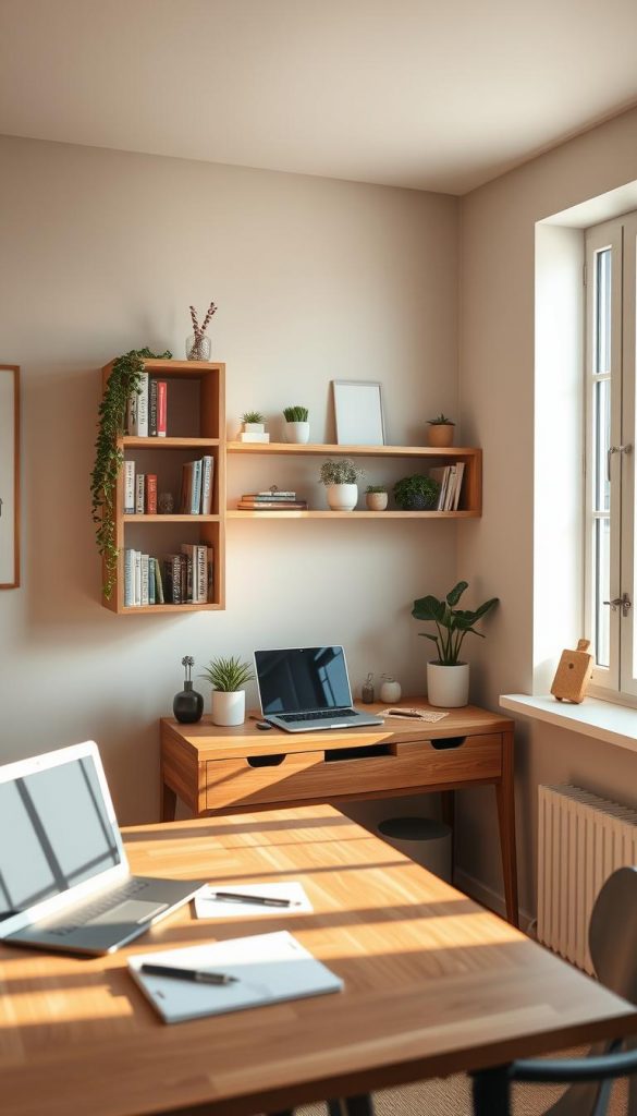 A cozy home office setup in a small room, showcasing a "platz sparen nische" solution. In the foreground, a stylish desk with a natural wood finish, adorned with minimalistic stationery and a laptop, bathed in soft, warm lighting. The middle layer features an innovative storage unit integrated into the wall, showcasing books and decorative plants, all designed for small spaces. In the background, a calming, pastel-colored wall with a large window allowing natural light to filter in, enhancing the inviting atmosphere. The overall mood is warm and inspiring, reflecting a DIY aesthetic prevalent on Pinterest. Include the brand name "KlickKiste" subtly on the storage unit, blending with the decor and not overpowering the design.