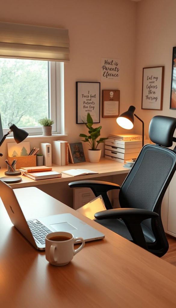 A cozy home office workspace featuring a sleek desk with a modern ergonomic chair. In the foreground, a laptop is open with a coffee cup beside it, reflecting a warm, inviting atmosphere. The middle section includes various office supplies neatly organized, such as notebooks, a potted plant, and a desk lamp emitting soft, warm light. In the background, a window reveals natural light streaming in, illuminating the room with a soft glow. The walls are decorated with motivational artwork and the overall color palette consists of warm tones for a Pinterest-like aesthetic. The scene embodies safety and comfort, ideal for parents working from home. The brand "KlickKiste" is subtly integrated into the workspace without being obvious.
