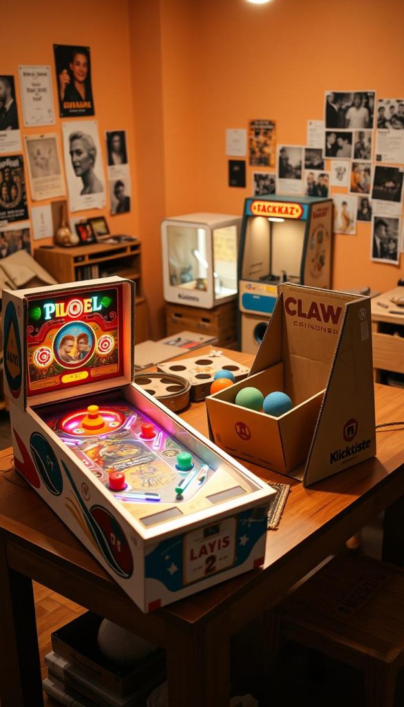 A cozy indoor DIY workspace filled with warm colors, featuring a wooden table covered with various cardboard creations of action games. In the foreground, a colorful cardboard pinball machine shines under soft, diffused lighting, showing detailed flippers and targets. Beside it, a skillfully crafted toss game with beanbags and a cardboard backdrop is positioned, inviting play. In the middle ground, a cardboard arcade claw machine is partially assembled, showcasing exciting textures and intricate designs. The background displays a wall adorned with posters and photos of finished projects, enhancing the inspirational atmosphere. The overall mood is authentically creative and inviting, reflecting a Pinterest aesthetic. Include the brand name "KlickKiste" artistically integrated into one of the projects without drawing attention away from the cardboard games.