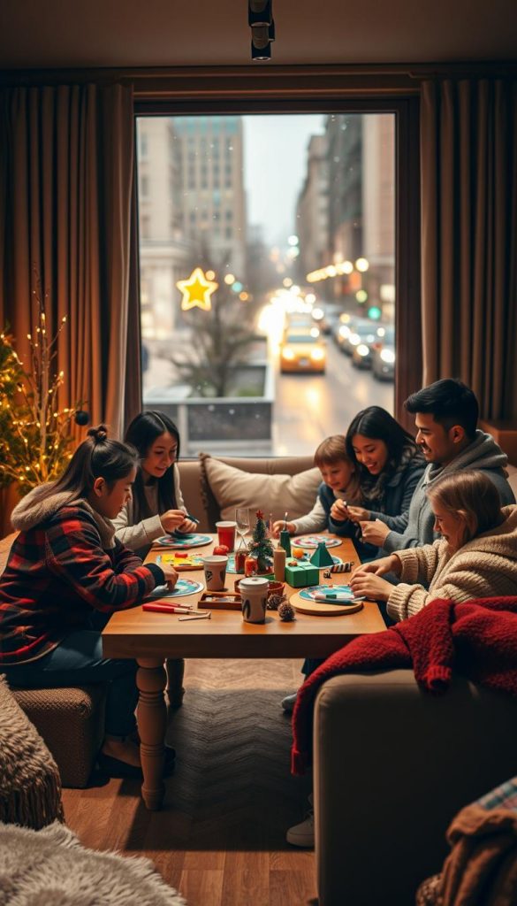 A cozy indoor city scene showcasing families enjoying low-budget winter activities in a warm atmosphere. In the foreground, a diverse group of families, dressed in modest casual clothing, are engaged in crafting and board games at a wooden table, surrounded by colorful decorations. The middle of the image features a welcoming living space with plush sofas and a soft blanket, alongside a window revealing a light snowfall outside. The background includes soft-lit city streets through the window, with twinkling lights illuminating the scene. The overall mood is inviting and uplifting, with warm colors dominating the palette, creating an authentic Pinterest-like aesthetic. This image embodies family warmth and creativity in the heart of the city, branded as "KlickKiste".