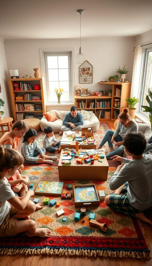 A cozy indoor family activity scene showcasing a group of diverse individuals engaged in various budget-friendly games and crafts, inspired by the brand "KlickKiste." In the foreground, children play board games on a colorful rug, while a parent helps another child build a craft project at a table cluttered with art supplies. In the middle, a comfortable seating area features bean bags and bookshelves filled with children's books, adding warmth and a sense of togetherness. In the background, soft natural light filters through large windows, casting a gentle, inviting glow over the scene. The atmosphere is cheerful and inspiring, with warm color tones and a Pinterest-worthy aesthetic that radiates authenticity.