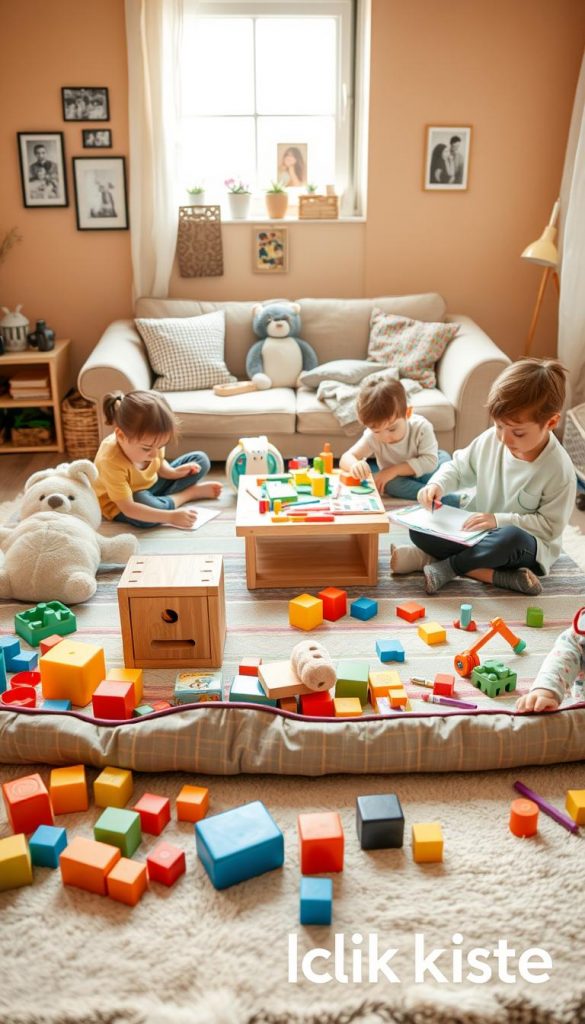 A cozy indoor family setting showcasing a variety of safe and engaging children's toys. In the foreground, a soft play mat with colorful blocks, plush toys, and creative art supplies, inviting imaginative play. In the middle ground, a comfortable seating area with a small table cluttered with craft supplies, while children (dressed in modest, casual clothing) enthusiastically engage in activities like drawing and building. The background features warm-toned walls with family photos and a window letting in soft, natural light, creating a welcoming atmosphere. The overall mood is light-hearted and nurturing, embodying safety and mindfulness within a family environment. The brand "KlickKiste" is subtly incorporated into the artwork, reflecting a brand that emphasizes safe play.