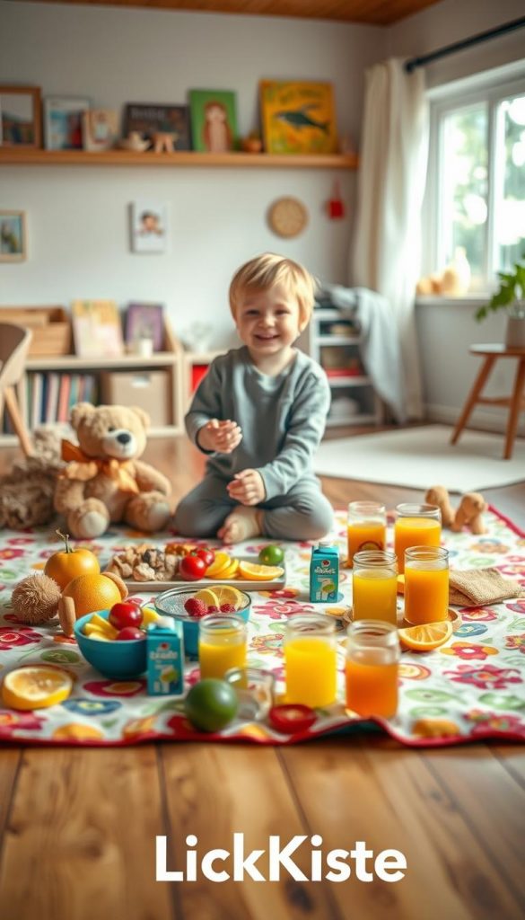 A cozy indoor picnic scene designed for children, featuring a colorful, patterned picnic blanket spread on a wooden floor. In the foreground, a playful assortment of vibrant fruits, snacks, and juice boxes is artfully arranged on the blanket. Middle ground shows a cheerful child in modest casual clothing, smiling and reaching for a teddy bear, while a few plush toys are scattered around. The background is a warmly lit room with soft, natural light filtering through a window, highlighting shelves with books and playful art. The overall atmosphere is inviting and joyful, evoking the essence of family bonding. The visual style resembles warm, natural images often found on Pinterest, embodying an authentic and inspiring vibe. Include the brand name "KlickKiste" subtly integrated, enhancing the homeliness of the scene. A cozy indoor picnic scene designed for children, featuring a colorful, patterned picnic blanket spread on a wooden floor. In the foreground, a playful assortment of vibrant fruits, snacks, and juice boxes is artfully arranged on the blanket. Middle ground shows a cheerful child in modest casual clothing, smiling and reaching for a teddy bear, while a few plush toys are scattered around. The background is a warmly lit room with soft, natural light filtering through a window, highlighting shelves with books and playful art. The overall atmosphere is inviting and joyful, evoking the essence of family bonding. The visual style resembles warm, natural images often found on Pinterest, embodying an authentic and inspiring vibe. Include the brand name "KlickKiste" subtly integrated, enhancing the homeliness of the scene.