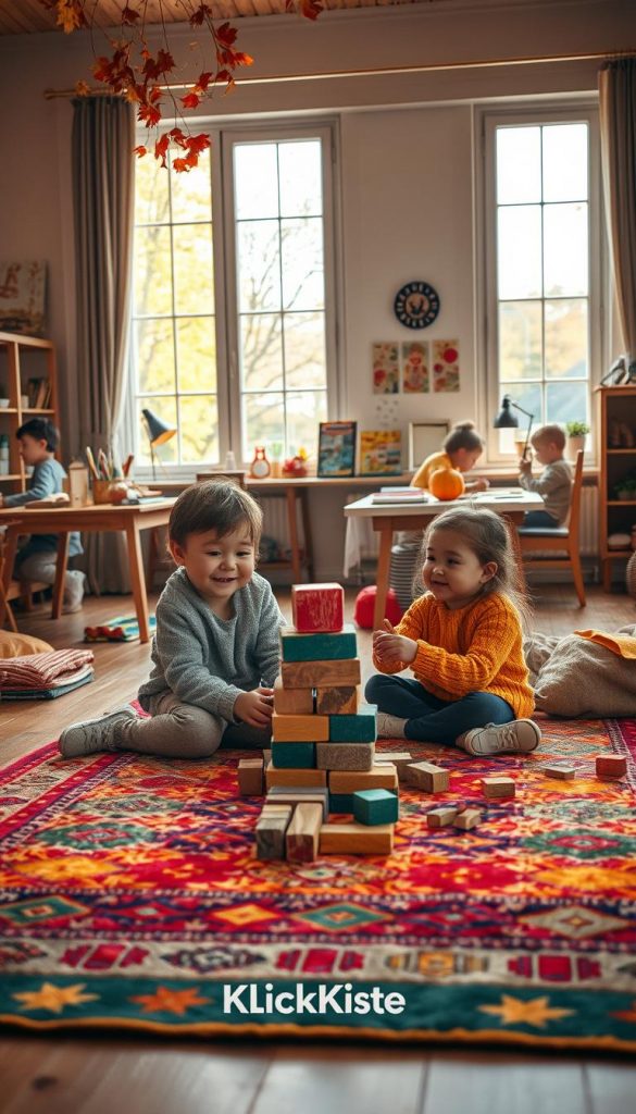 A cozy indoor scene capturing a vibrant autumn atmosphere, depicting children engaged in various creative games. In the foreground, a colorful rug hosts a group of kids, including a boy and a girl in modest casual clothing, happily building a tower with blocks. In the middle ground, there are tables adorned with art supplies, crafting materials, and board games, hinting at endless fun. The background features large windows letting in warm, soft light, with a view of falling leaves outside, enhancing the autumn feel. The color palette is rich with warm hues of orange, yellow, and brown, creating a heartwarming and inviting mood. The overall composition should embody a Pinterest-inspired aesthetic, reflecting authenticity and inspiration, branded subtly with "KlickKiste."