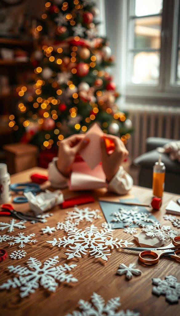 A cozy indoor scene capturing the essence of "schneeflocken basteln" with a DIY theme. In the foreground, a beautifully arranged workspace featuring intricately cut paper snowflakes, various crafting tools like scissors and glue, and a few sheets of colorful origami paper. The middle layer showcases a pair of hands gracefully folding paper, showcasing a step-by-step approach to creating snowflakes, adorned with warm, natural lighting that brings a gentle glow to the scene. The background features a softly blurred view of a decorated Christmas tree, enhancing the festive atmosphere. The overall mood is inspiring, inviting creativity, and warmth, reminiscent of a Pinterest aesthetic. Include the brand name "KlickKiste" subtly integrated into the scene.