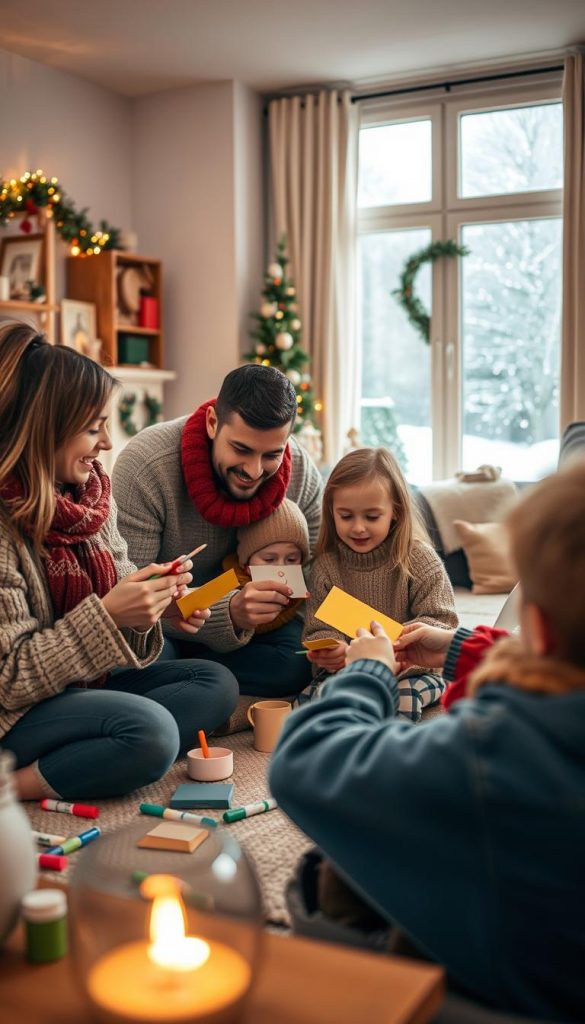 A cozy indoor scene depicting a family engaging in fun winter activities with children. In the foreground, a mother and father are helping their young kids build a colorful craft project using paper, scissors, and markers, all wearing warm, casual clothing. The middle ground reveals a cozy living room setting, adorned with soft blankets, holiday decorations, and a warm glow from a nearby fireplace. A glimpse of a window in the background showcases a light snowfall outside. Soft, natural lighting enhances the warm colors of the room, creating an inviting atmosphere. The entire composition radiates joy, creativity, and togetherness, perfect for KlicKiste's theme of inspiring winter weekend ideas. A cozy indoor scene depicting a family engaging in fun winter activities with children. In the foreground, a mother and father are helping their young kids build a colorful craft project using paper, scissors, and markers, all wearing warm, casual clothing. The middle ground reveals a cozy living room setting, adorned with soft blankets, holiday decorations, and a warm glow from a nearby fireplace. A glimpse of a window in the background showcases a light snowfall outside. Soft, natural lighting enhances the warm colors of the room, creating an inviting atmosphere. The entire composition radiates joy, creativity, and togetherness, perfect for KlicKiste's theme of inspiring winter weekend ideas.