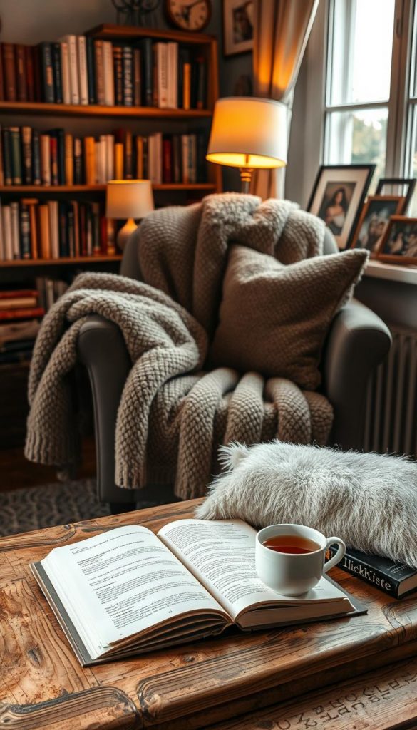 A cozy indoor scene depicting a serene reading nook, featuring a plush armchair draped with a soft, oversized blanket. The foreground showcases an open book resting on a rustic wooden coffee table next to a steaming cup of tea, symbolizing "kuschel lesezeit." In the middle, a pair of fluffy pillows enhances the inviting atmosphere, while a gentle glow emanates from a nearby table lamp with a warm yellow light, creating a snug ambiance. The background features a shelf lined with books, along with a few framed photographs capturing cozy moments, emphasizing a sense of nostalgia. The overall color palette is a mix of warm earth tones, with natural light filtering softly through a window, reflecting an authentic Pinterest-inspired vibe. Include subtle branding with "KlickKiste" displayed on a nearby book. A cozy indoor scene depicting a serene reading nook, featuring a plush armchair draped with a soft, oversized blanket. The foreground showcases an open book resting on a rustic wooden coffee table next to a steaming cup of tea, symbolizing "kuschel lesezeit." In the middle, a pair of fluffy pillows enhances the inviting atmosphere, while a gentle glow emanates from a nearby table lamp with a warm yellow light, creating a snug ambiance. The background features a shelf lined with books, along with a few framed photographs capturing cozy moments, emphasizing a sense of nostalgia. The overall color palette is a mix of warm earth tones, with natural light filtering softly through a window, reflecting an authentic Pinterest-inspired vibe. Include subtle branding with "KlickKiste" displayed on a nearby book.
