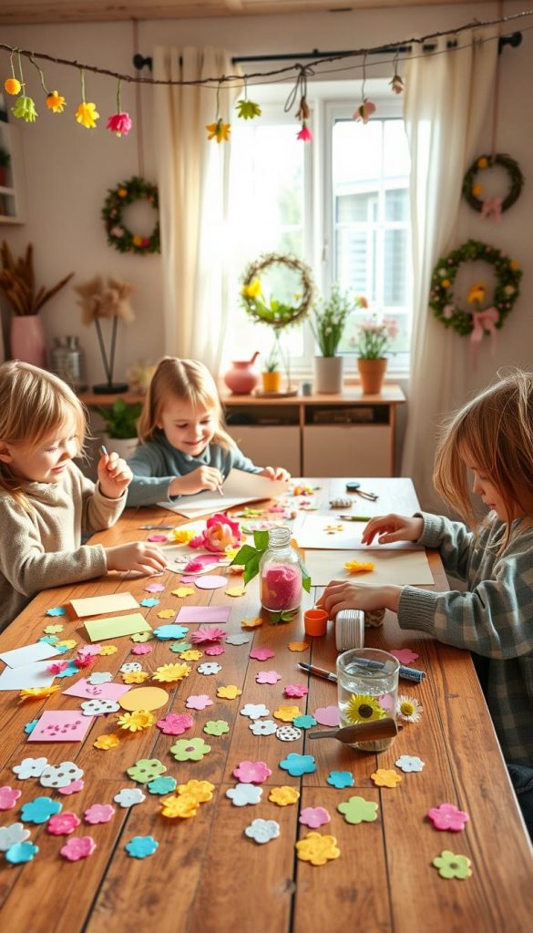A cozy indoor scene depicting children engaged in crafting cheerful spring decorations. In the foreground, a wooden table scattered with various DIY materials such as pastel-colored paper, stickers, scissors, and paints. The children, dressed in casual, modest clothing, are focused and smiling, collaborating on their projects, with vibrant, handmade decorations like paper flowers and butterflies partially completed. The middle layer showcases bright spring-themed decor elements hanging around the room, such as garlands and wreaths made from twigs and fresh flowers, emphasizing a warm, inviting atmosphere. In the background, soft natural light streams through a window with sheer curtains, casting a gentle glow over the scene. The overall mood is joyful and inspiring, embodying the essence of childhood creativity. This image captures the spirit of "KlickKiste" with a lovely Pinterest aesthetic.