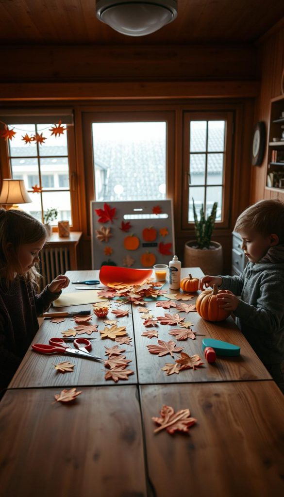 A cozy indoor scene depicting children engaged in paper crafting activities, inspired by "KlickKiste". In the foreground, a wooden table is covered with colorful paper, scissors, and glue, with two children, a girl and a boy, excitedly working on autumn-themed decorations like leaf cutouts and pumpkin figures, wearing modest casual clothing. The middle ground features handmade crafts displayed attractively, showcasing warm autumn colors like orange, red, and yellow. In the background, a softly lit room with warm wooden tones and a window revealing a gray, rainy day outside enhances the atmosphere of indoor creativity on a dreary day. The scene is illuminated with soft, natural light, creating a warm and inviting mood, ideal for inspiring DIY projects.