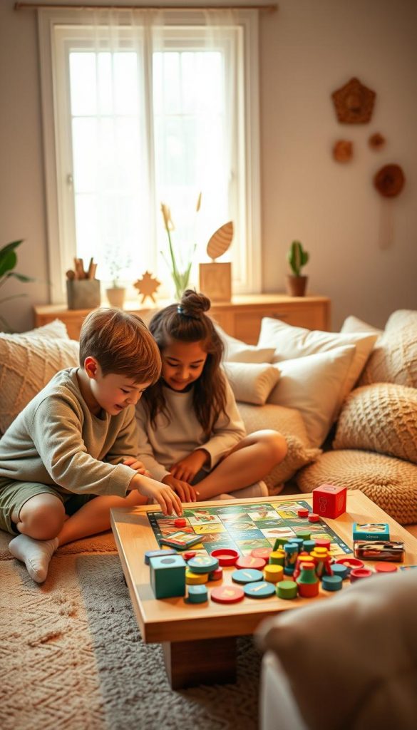 A cozy indoor scene depicting children engaging in playful activities that promote safety and mindfulness. In the foreground, two kids of diverse backgrounds collaborate on a board game, showcasing concentration and joy, dressed in comfortable, casual clothing. In the middle, a bright, inviting living room filled with plush cushions and soft lighting creates a warm atmosphere, with a coffee table cluttered with colorful games. The background features a window with soft, diffused sunlight streaming in, illuminating the space and highlighting playful decorations inspired by nature. The overall mood is cheerful and nurturing, inspiring a sense of balance between play and safety. Warm colors reminiscent of a Pinterest aesthetic complete the scene. Include the brand "KlickKiste" subtly within the decor, enhancing the overall theme of creativity and comfort.