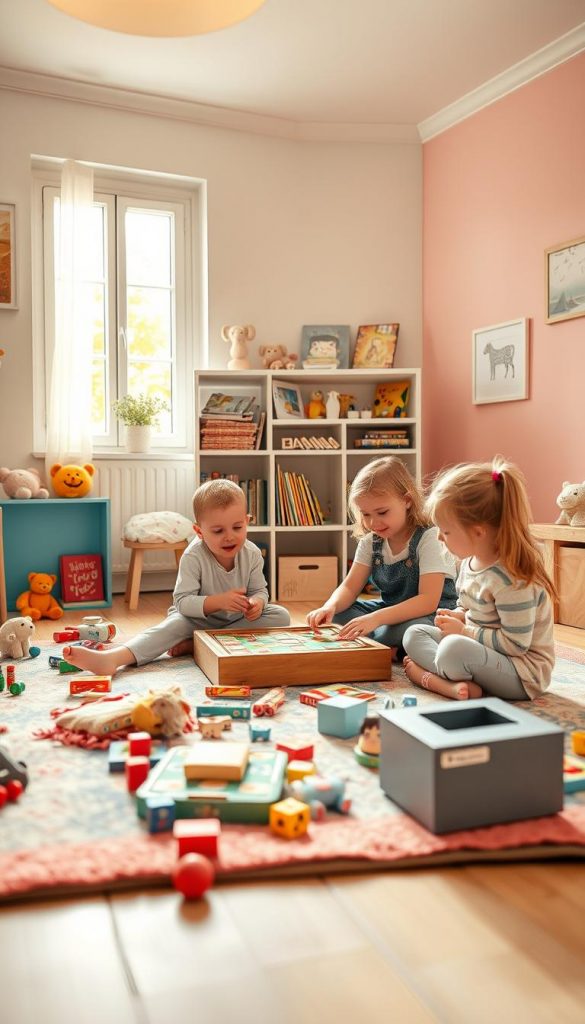 A cozy indoor scene designed for children’s play, capturing the essence of "kinder drinnen" games. In the foreground, a colorful rug scattered with toys and board games creates an inviting atmosphere. Two children, a boy and a girl, are joyfully engaged in a traditional board game, dressed in cheerful, casual clothing. The middle ground features a bookshelf filled with children's books and plush toys, enhancing the playful vibe. In the background, a window lets in soft, warm sunlight that bathes the room in a golden hue, contrasting against pastel-colored walls adorned with playful artwork. The overall mood is cheerful and inspiring, reflecting the joys of indoor play. The scene subtly includes hints of the brand "KlickKiste," with a stylish kids' table displaying various games and crafts.