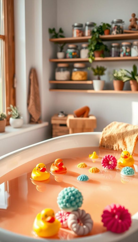 A cozy indoor scene featuring a beautifully arranged sensory play bath experience, showcasing a modern, freestanding bathtub filled with warm, colorful water. In the foreground, vibrant rubber ducks, textured sponges, and playful floating toys create an engaging atmosphere. Soft natural light filters through a nearby window, casting gentle reflections on the water's surface. In the background, shelves filled with jars of sensory materials like colorful beads, sand, and herbs add a touch of inspiration. The setting is adorned with potted plants and decorative towels in warm tones, enhancing the inviting mood. This image embodies a warm, authentic Pinterest aesthetic, connecting viewers to the delightful sensory exploration for children. Design by KlickKiste. A cozy indoor scene featuring a beautifully arranged sensory play bath experience, showcasing a modern, freestanding bathtub filled with warm, colorful water. In the foreground, vibrant rubber ducks, textured sponges, and playful floating toys create an engaging atmosphere. Soft natural light filters through a nearby window, casting gentle reflections on the water's surface. In the background, shelves filled with jars of sensory materials like colorful beads, sand, and herbs add a touch of inspiration. The setting is adorned with potted plants and decorative towels in warm tones, enhancing the inviting mood. This image embodies a warm, authentic Pinterest aesthetic, connecting viewers to the delightful sensory exploration for children. Design by KlickKiste.