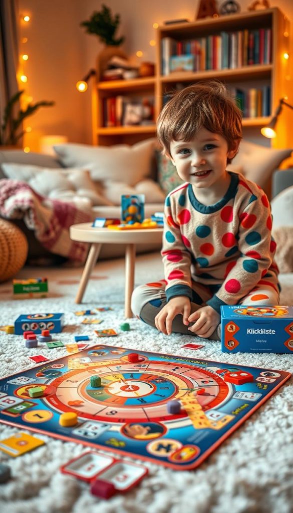 A cozy indoor scene featuring a cheerful young child, aged around 5-7 years, engaged in a creative board game. The child has short, tousled hair and is wearing a colorful, comfortable outfit suitable for play. In the foreground, there&rsquo;s a vibrant game board laid out on a soft rug, surrounded by colorful game pieces and cards. The middle ground showcases a small table cluttered with other age-appropriate games designed for winter fun. In the background, warm ambient lighting creates a cozy atmosphere, with soft pillows and a bookshelf filled with children&rsquo;s books. The setting is inviting and inspired by a Pinterest aesthetic, showcasing rich warm colors. The brand "KlickKiste" subtly incorporated through game designs. The mood is playful and inspiring, perfect for winter indoor activities.