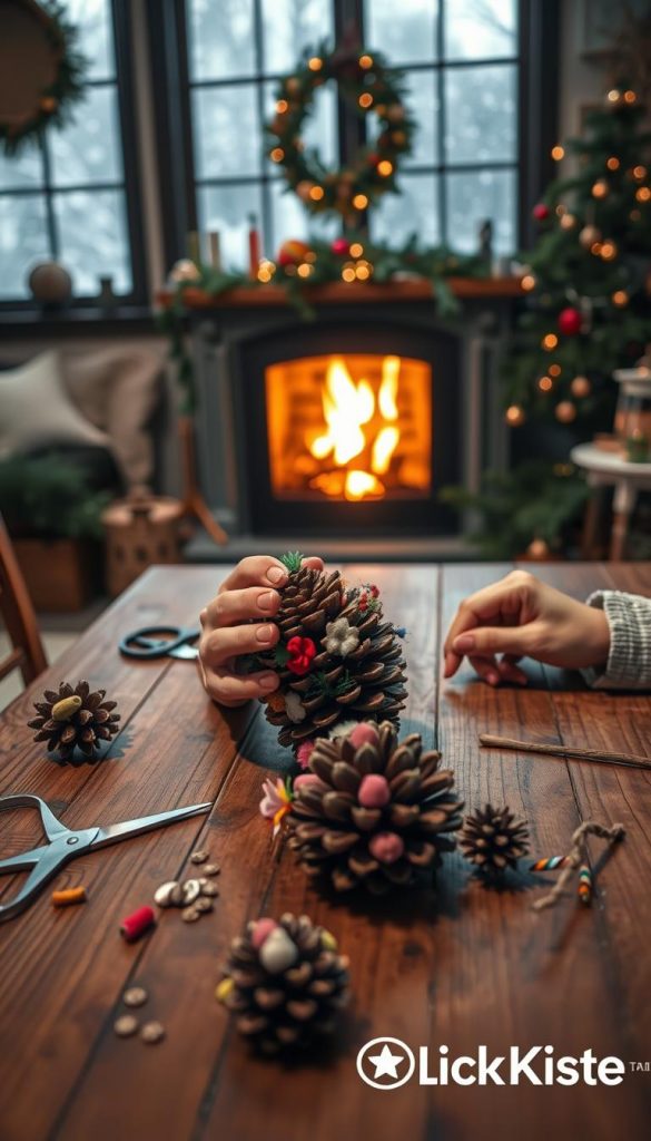 A cozy indoor scene featuring a creatively crafted pinecone decoration being made at a sturdy wooden table. In the foreground, a pair of hands delicately gluing colorful fabrics and natural elements to the pinecones, surrounded by crafting materials like scissors, thread, and small branches. The middle layer shows a glowing fireplace, casting soft, warm light and a sense of comfort throughout the room. In the background, a softly lit window with gentle snowfall outside adds to the winter warmth, while greenery and holiday decorations bring life to the space. The overall atmosphere is inviting and heartwarming, evoking a sense of creative joy and inspiration. The image should reflect a Pinterest aesthetic, with warm, natural colors, showcasing the brand "KlickKiste" in an unobtrusive manner. A cozy indoor scene featuring a creatively crafted pinecone decoration being made at a sturdy wooden table. In the foreground, a pair of hands delicately gluing colorful fabrics and natural elements to the pinecones, surrounded by crafting materials like scissors, thread, and small branches. The middle layer shows a glowing fireplace, casting soft, warm light and a sense of comfort throughout the room. In the background, a softly lit window with gentle snowfall outside adds to the winter warmth, while greenery and holiday decorations bring life to the space. The overall atmosphere is inviting and heartwarming, evoking a sense of creative joy and inspiration. The image should reflect a Pinterest aesthetic, with warm, natural colors, showcasing the brand "KlickKiste" in an unobtrusive manner.