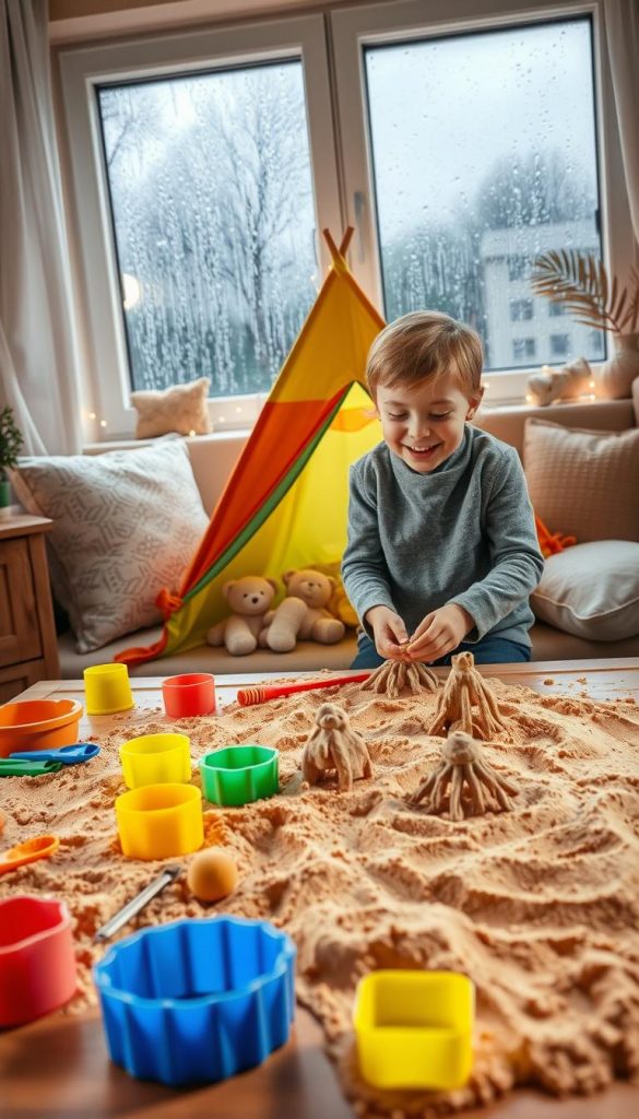A cozy indoor scene featuring a delightful setup for playing with "Zelt zaubersand" (magic sand). In the foreground, a colorful, inviting table is displayed with various molds and tools scattered around the soft, textured sand, reflecting warm, earthy tones. A delighted child, dressed in modest casual clothing, is joyfully creating sand sculptures with focused concentration. In the middle ground, a brightly colored tent adds a playful touch, surrounded by soft cushions and fairy lights, enhancing the cozy atmosphere. In the background, a window reveals raindrops sliding down against a grey, overcast day, emphasizing the indoor fun of this activity. The overall mood is warm and inviting, designed to inspire family creativity and joy during wet weekends. Style inspired by "KlickKiste," with a Pinterest-like aesthetic. Soft, natural lighting illuminates the scene, capturing the warmth and authenticity of this DIY project.
