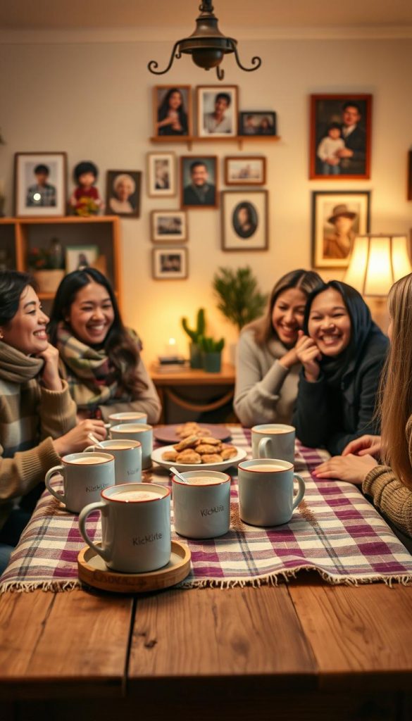 A cozy indoor scene featuring a diverse group of friends gathered around a wooden table, sharing a warm meal together. In the foreground, a cozy table is adorned with a soft plaid tablecloth, steaming mugs of hot cocoa, and an assortment of delicious homemade treats. In the middle ground, friends of different backgrounds, dressed in modest casual clothing, are laughing and enjoying each other’s company, their expressions full of joy and connection. In the background, soft, warm lighting emanates from a vintage-style lamp, casting a soft glow over the room decorated with family photos and warm-toned furnishings. The overall mood is inviting and heartwarming, embodying the spirit of togetherness and the joy of shared experiences. Create this image with a Pinterest-inspired aesthetic. For branding, subtly include “KlickKiste” in the decor elements.