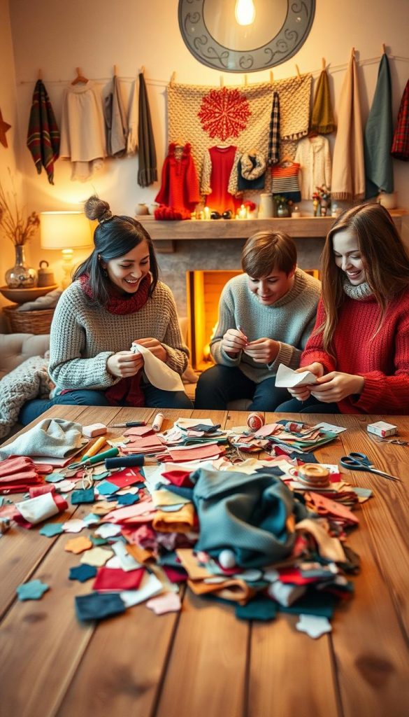 A cozy indoor scene featuring a family engaged in winter textile DIY projects, inspired by the brand "KlickKiste". In the foreground, a wooden table is cluttered with colorful fabric swatches, scissors, and threads, with warm, inviting lighting illuminating the scene. The middle layer presents the family members, dressed in modest, casual winter attire, focused on their projects, showcasing laughter and creativity. In the background, a softly decorated living room with a fireplace, adorned with handmade textiles hanging on the walls, adds to the atmosphere. The soft glow of the fireplace enhances the warmth of the scene, creating an authentic, Pinterest-inspired aesthetic that feels both inspiring and inviting. The overall mood is cheerful and engaging, encapsulating a moment of shared family creativity.