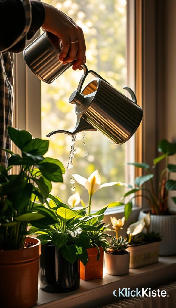 A cozy indoor scene featuring a person in modest casual clothing gently watering various vibrant houseplants. In the foreground, a watering can is poised above a flourishing pothos plant, with droplets of water catching the light. The middle ground showcases an array of healthy indoor plants, such as peace lilies and succulents, all arranged harmoniously on a window sill bathed in warm, natural light. In the background, soft, blurred greenery peeks through a sunlit window, creating a serene atmosphere. The overall mood is inviting and tranquil, ideal for a DIY inspiration theme. A subtle aesthetic reminiscent of Pinterest décor ideas. The image should convey a sense of care and nurturing for indoor gardening, with a touch of inspiration, highlighting the brand "KlickKiste".